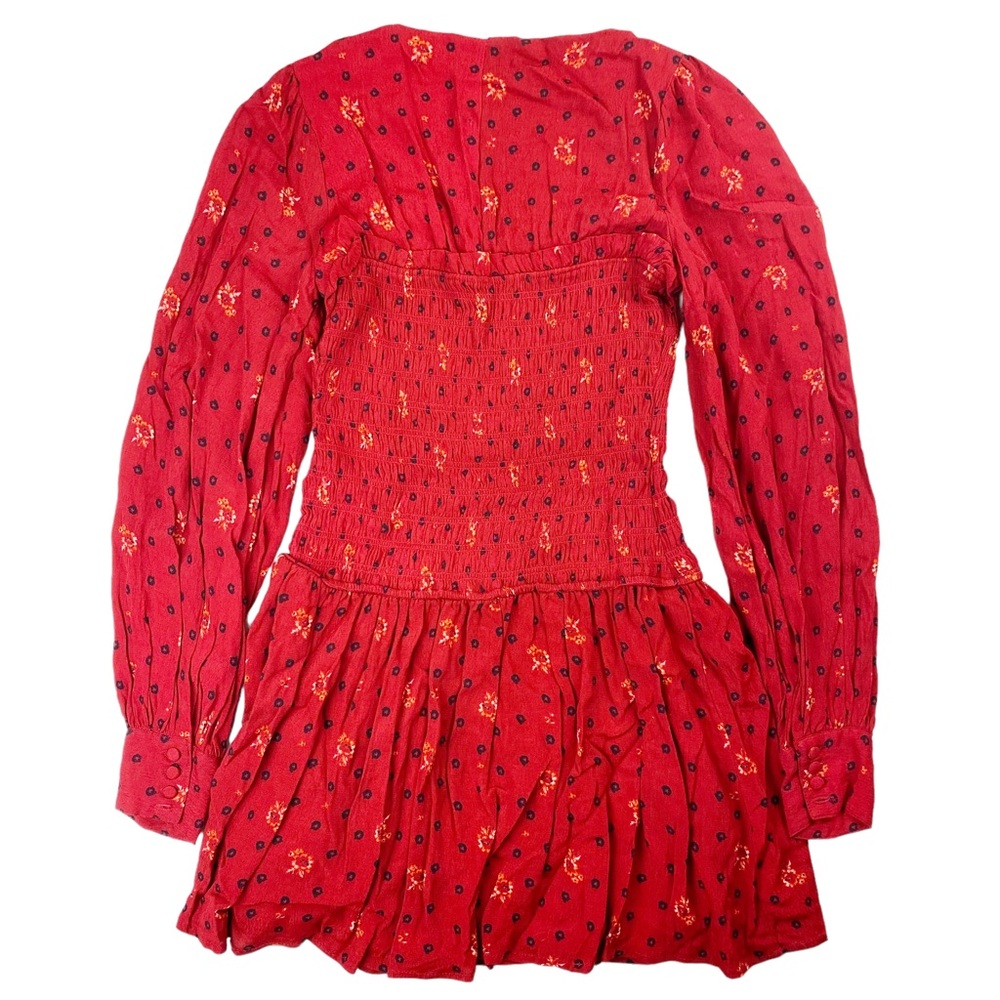 Free People Two Faces Smocked Floral Dress Puff Sleeves Red